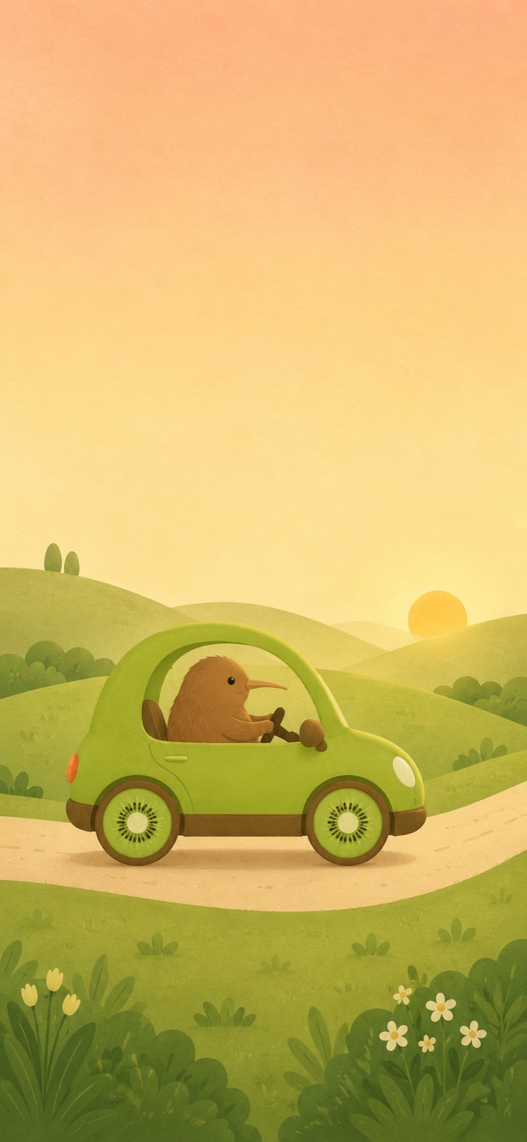 Illustration of a kiwi driving a green car through golden hills at sunset