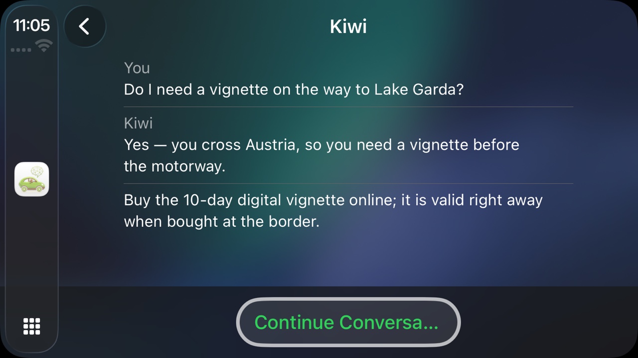 A Kiwi answer on the CarPlay screen: asked whether a vignette is needed on the way to Lake Garda, Kiwi explains the route crosses Austria and to buy a 10-day digital vignette