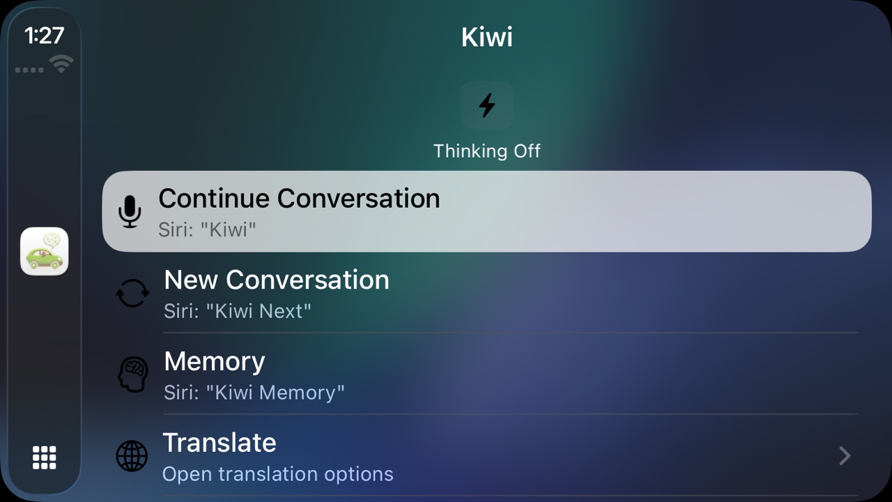 The Kiwi home screen on Apple CarPlay showing four actions — Continue Conversation, New Conversation, Memory, and Translate — each labelled with its Siri phrase